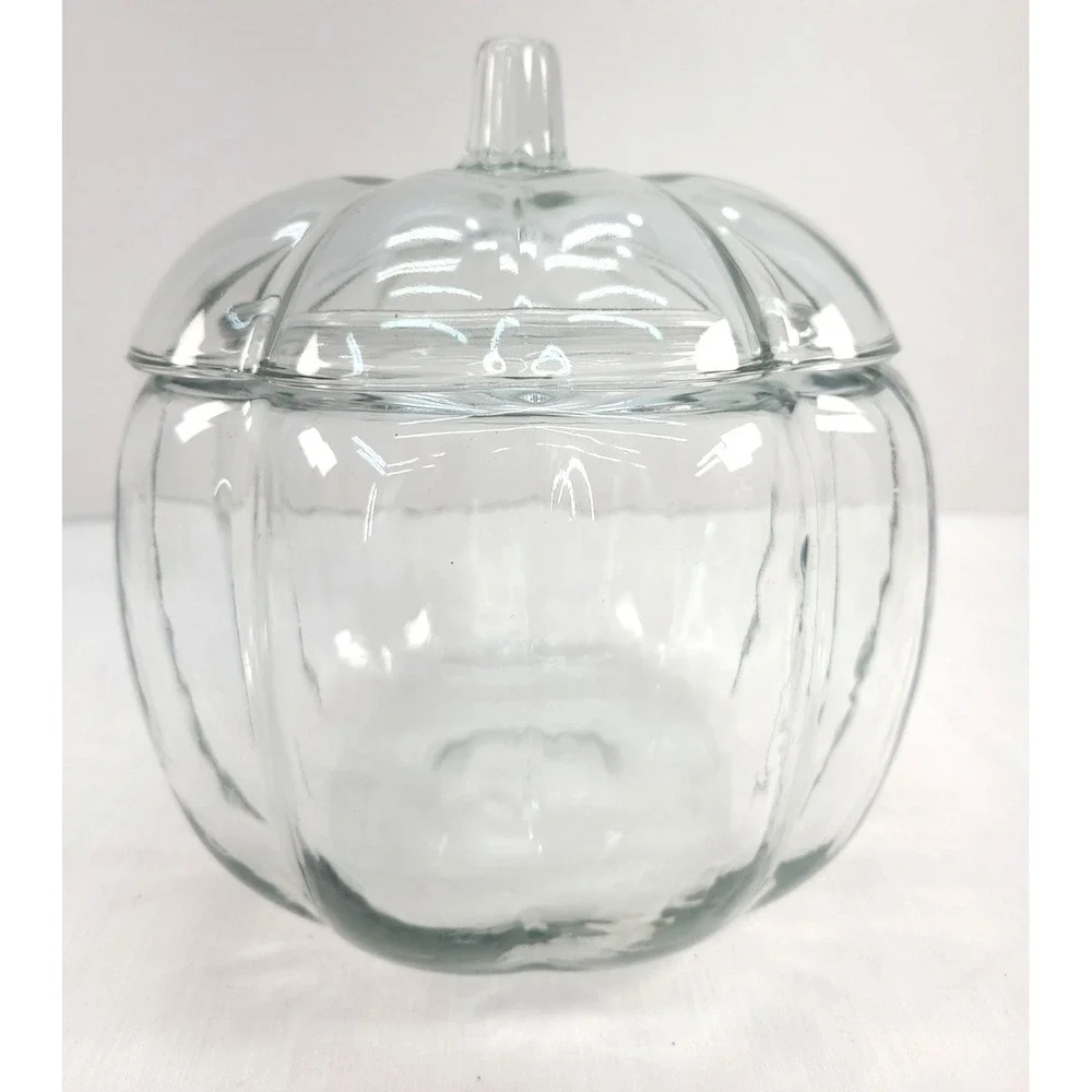 Anchor Hocking Pumpkin Jar Candy Cookie Clear Glass with Lid Vintage